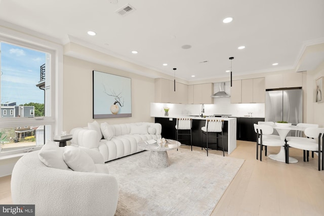 living room featuring ornamental molding, sink, and light wood-type flooring