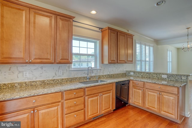 kitchen featuring sink, black dishwasher, a chandelier, light hardwood / wood-style flooring, and backsplash