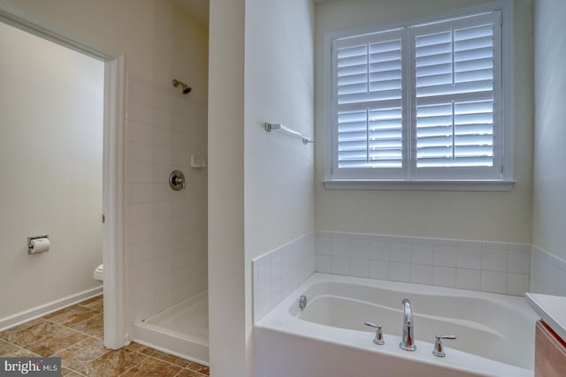 full bathroom featuring tile patterned floors, vanity, toilet, and plus walk in shower