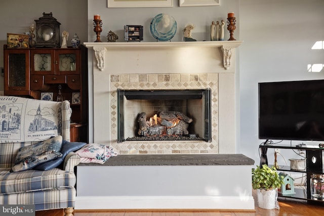 room details featuring hardwood / wood-style floors and a tile fireplace