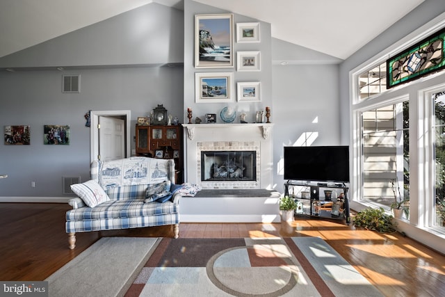 living room featuring high vaulted ceiling, hardwood / wood-style floors, and a healthy amount of sunlight