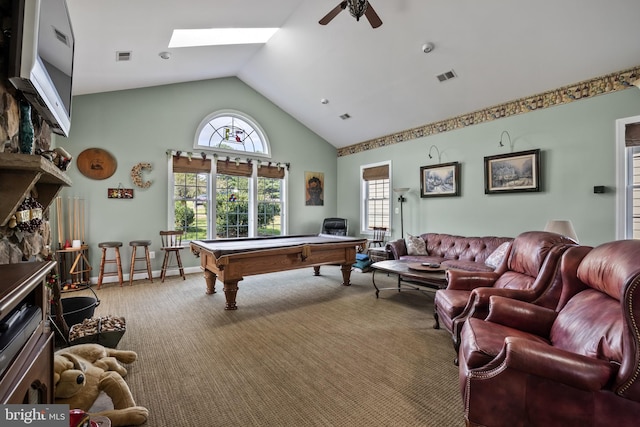 rec room featuring carpet floors, a skylight, ceiling fan, billiards, and high vaulted ceiling