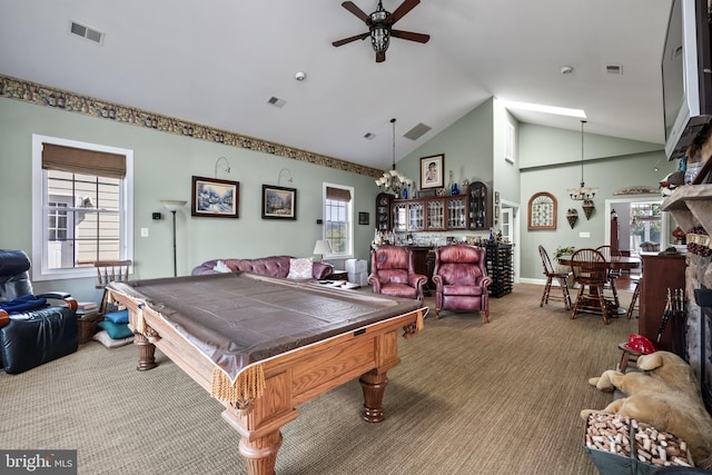 recreation room featuring lofted ceiling, pool table, ceiling fan, and carpet flooring