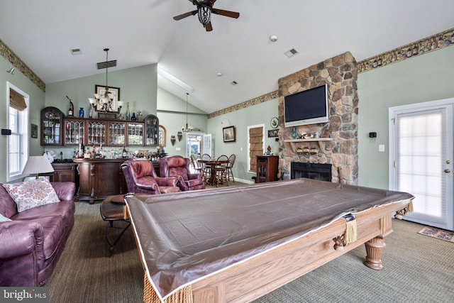 playroom with ceiling fan, bar area, billiards, a fireplace, and carpet flooring