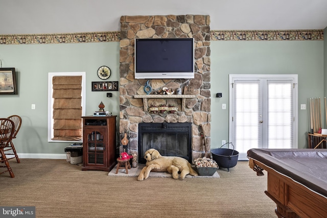 recreation room with a stone fireplace, baseboards, billiards, and carpet floors