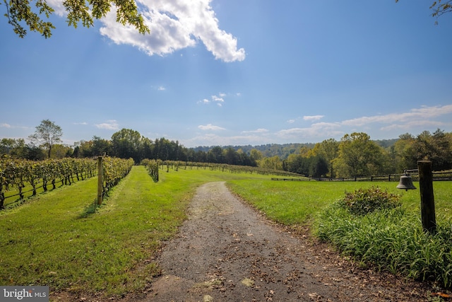 view of property's community with a yard, fence, and a rural view