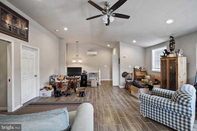 living room featuring ceiling fan, recessed lighting, a wall mounted AC, lofted ceiling, and baseboards