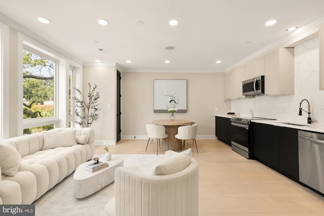 living room featuring ornamental molding, sink, and light hardwood / wood-style floors