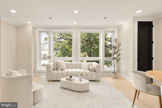 living room with plenty of natural light and crown molding