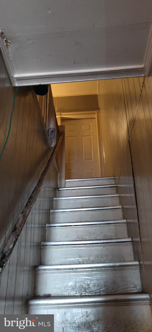 staircase featuring wood walls