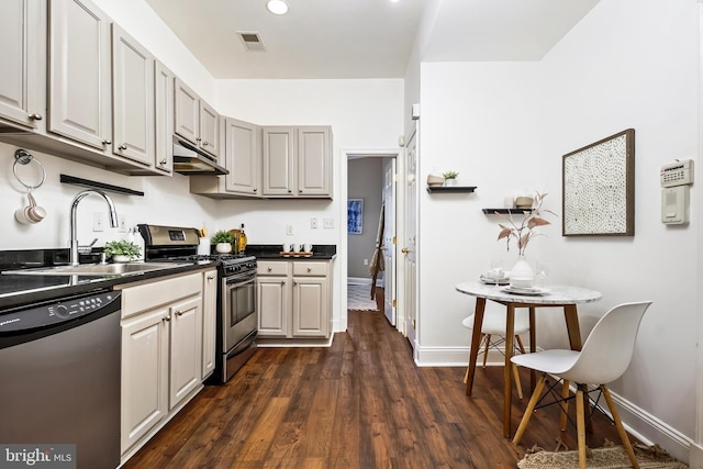 kitchen with gray cabinets, stainless steel appliances, dark wood-type flooring, and sink