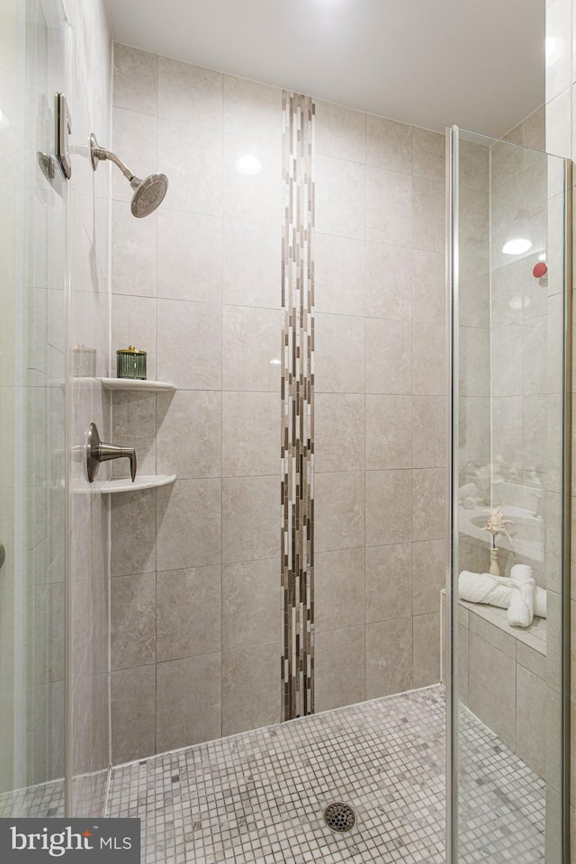 bathroom with a shower with shower door