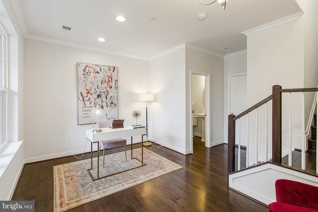 office featuring dark wood-type flooring and crown molding