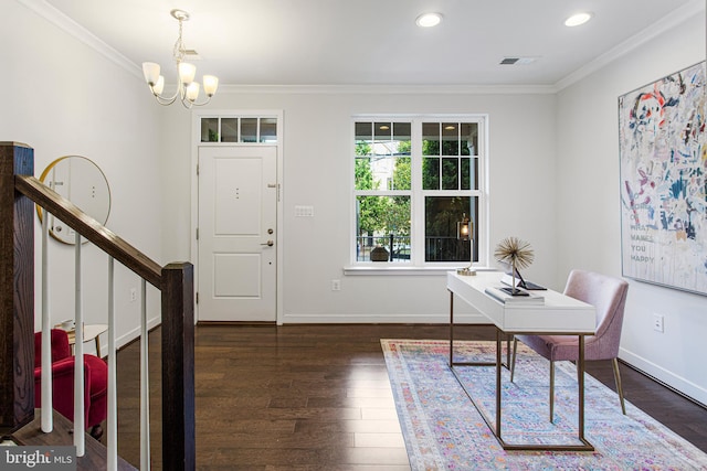 office space with ornamental molding, a chandelier, and dark hardwood / wood-style floors