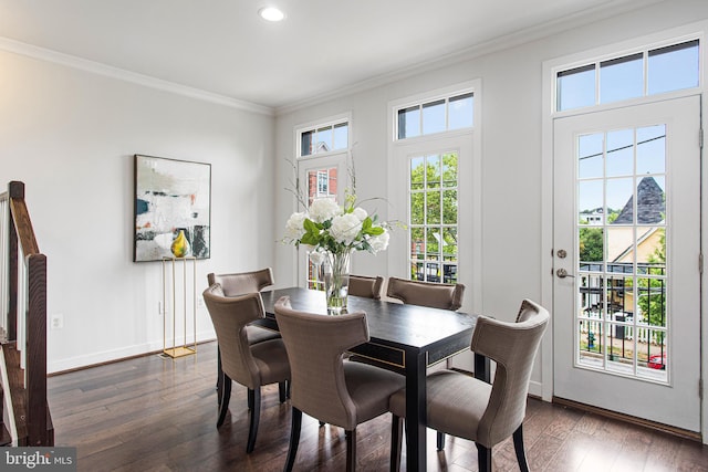 dining room with dark wood-type flooring, crown molding, and a healthy amount of sunlight