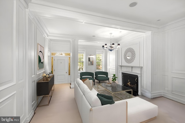 carpeted living room with crown molding and an inviting chandelier