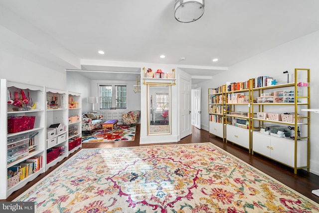 playroom with dark wood-type flooring