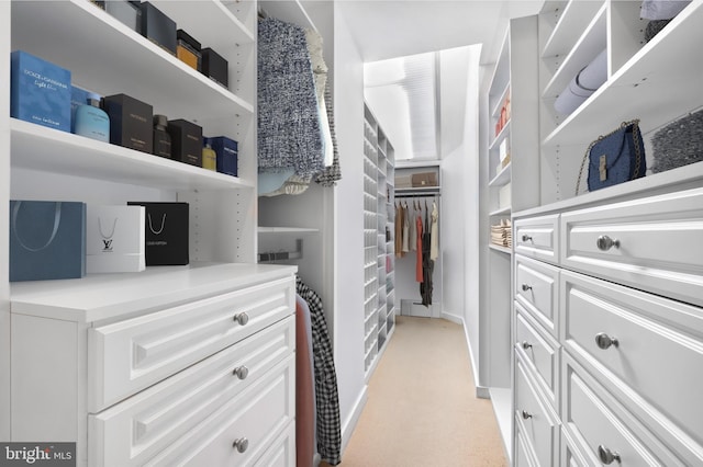 walk in closet featuring light carpet