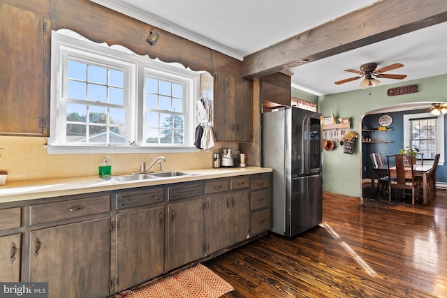 kitchen featuring dark brown cabinets, stainless steel refrigerator, sink, and dark hardwood / wood-style floors