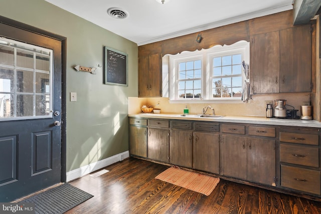 kitchen featuring sink, dark brown cabinets, dark hardwood / wood-style floors, and backsplash