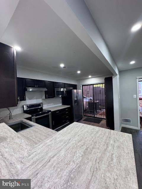 kitchen featuring dark wood-type flooring, stainless steel appliances, and sink