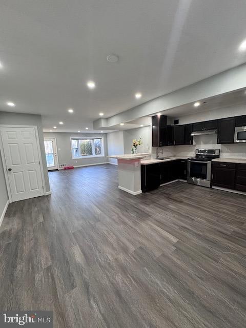 kitchen featuring kitchen peninsula, dark hardwood / wood-style floors, stainless steel appliances, and sink