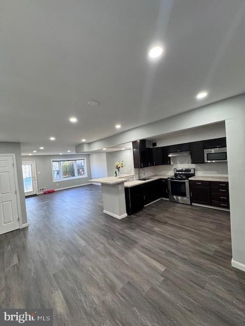 kitchen with kitchen peninsula, dark hardwood / wood-style floors, stainless steel appliances, and sink