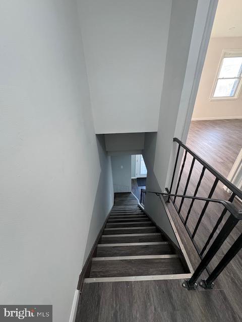 stairway with hardwood / wood-style flooring