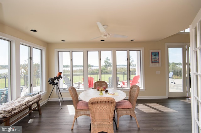 dining space with ceiling fan, a wealth of natural light, and dark hardwood / wood-style flooring