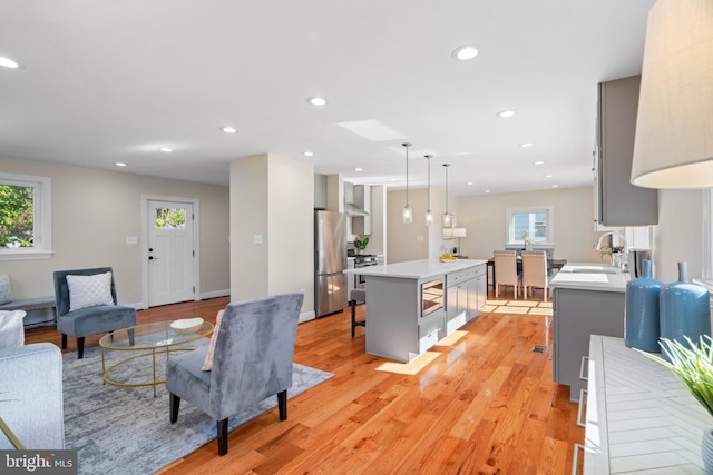 living room featuring sink and light hardwood / wood-style flooring