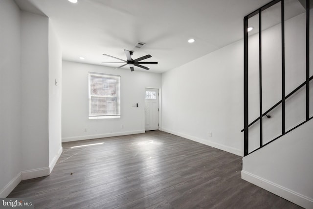 unfurnished living room with recessed lighting, baseboards, and ceiling fan