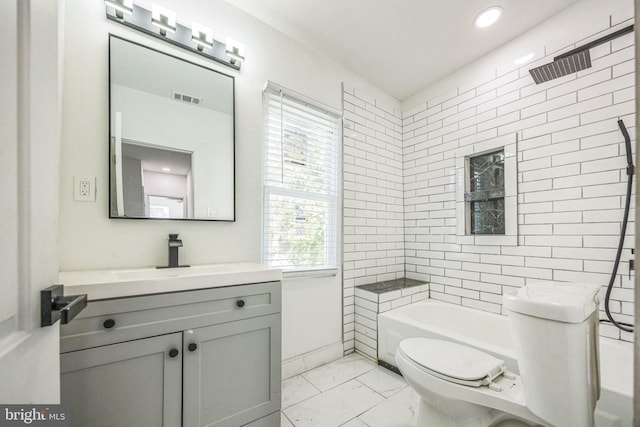 full bath with recessed lighting, marble finish floor, visible vents, toilet, and vanity
