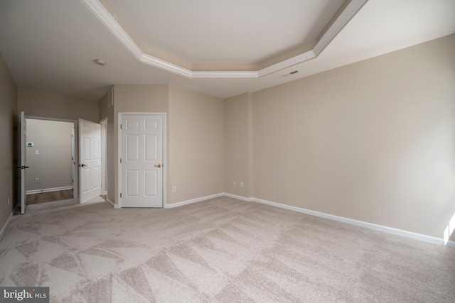 empty room featuring light carpet and a tray ceiling