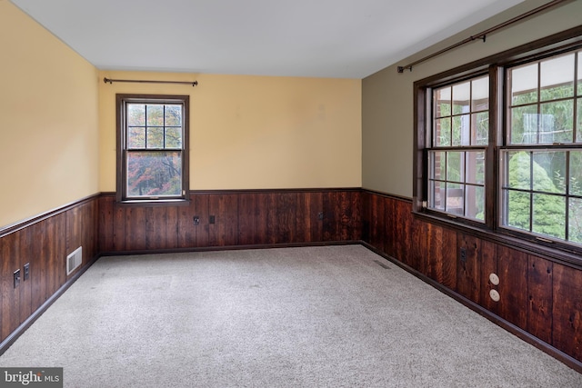 carpeted spare room featuring wooden walls