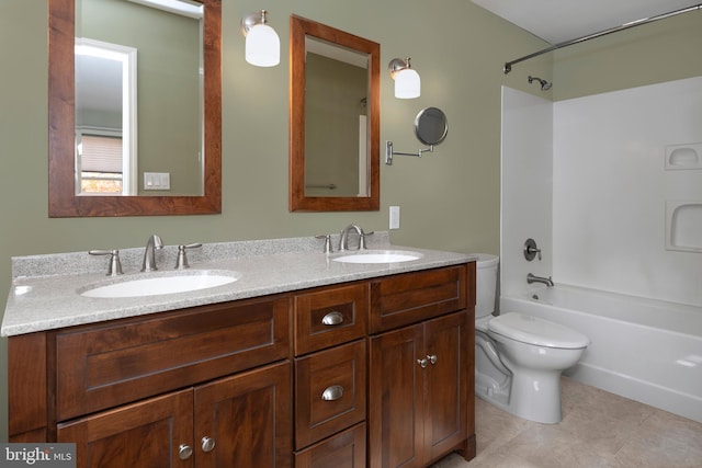 full bathroom with toilet, vanity, bathing tub / shower combination, and tile patterned floors