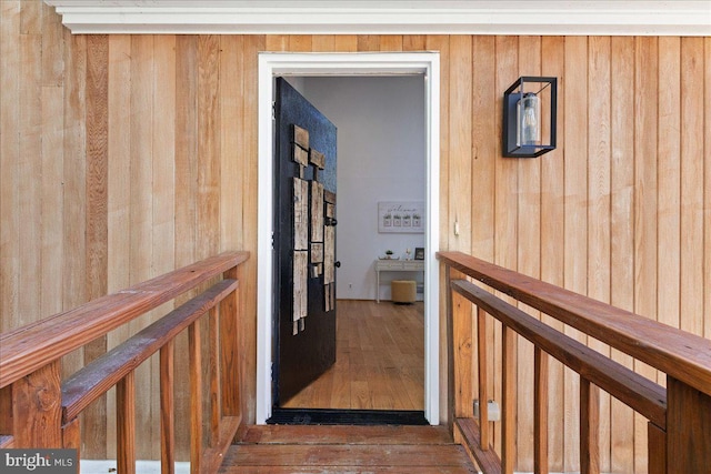 hall with wood walls and dark hardwood / wood-style floors