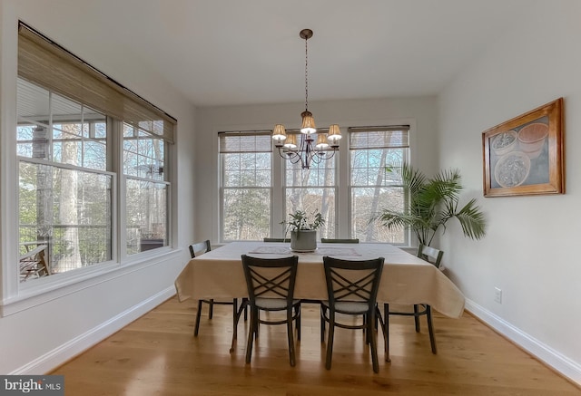 dining space with an inviting chandelier, light hardwood / wood-style flooring, and a wealth of natural light