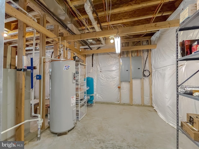 basement with electric panel and water heater