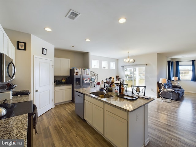 kitchen featuring a healthy amount of sunlight, stainless steel appliances, a center island with sink, and sink