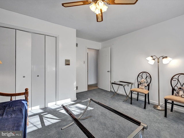 bedroom featuring a closet, carpet, and ceiling fan