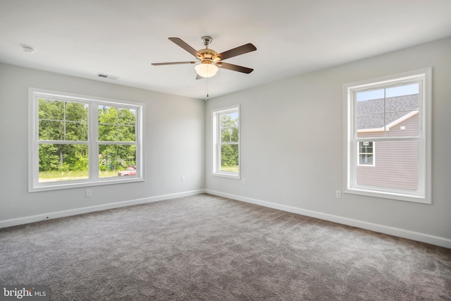 carpeted empty room with ceiling fan and a wealth of natural light