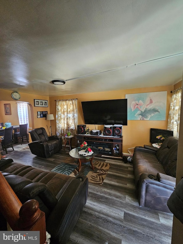 living room with hardwood / wood-style floors and a textured ceiling