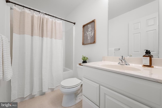 full bathroom with tile patterned floors, vanity, shower / bath combination with curtain, and toilet