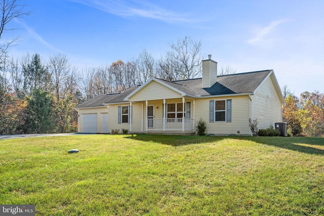 single story home with a front lawn, covered porch, central AC unit, and a garage