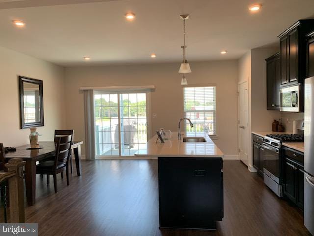 kitchen with appliances with stainless steel finishes, plenty of natural light, a kitchen island with sink, and sink