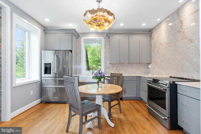 kitchen featuring stainless steel appliances, gray cabinetry, and plenty of natural light