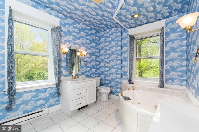full bath with vanity, baseboard heating, wallpapered walls, tile patterned floors, and toilet