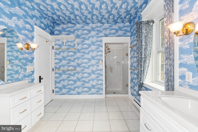 bathroom featuring vanity, baseboards, wallpapered walls, a stall shower, and tile patterned floors