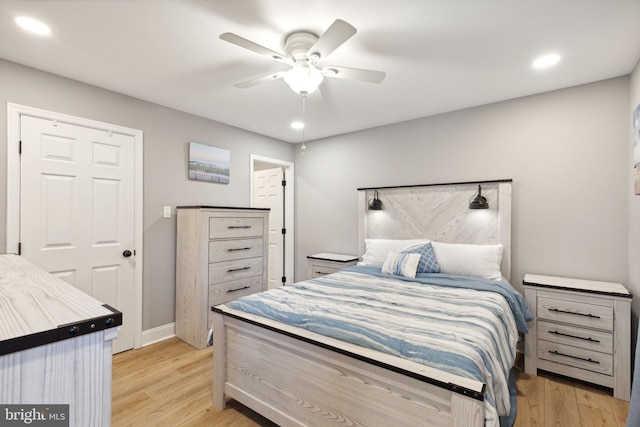 bedroom with ceiling fan and light hardwood / wood-style floors