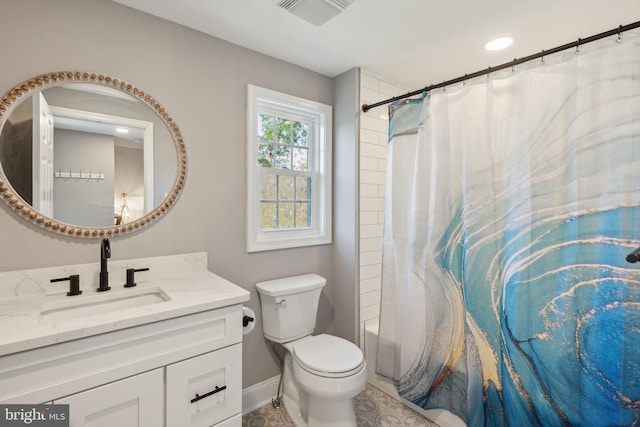 full bathroom with shower / tub combo with curtain, tile patterned flooring, vanity, and toilet